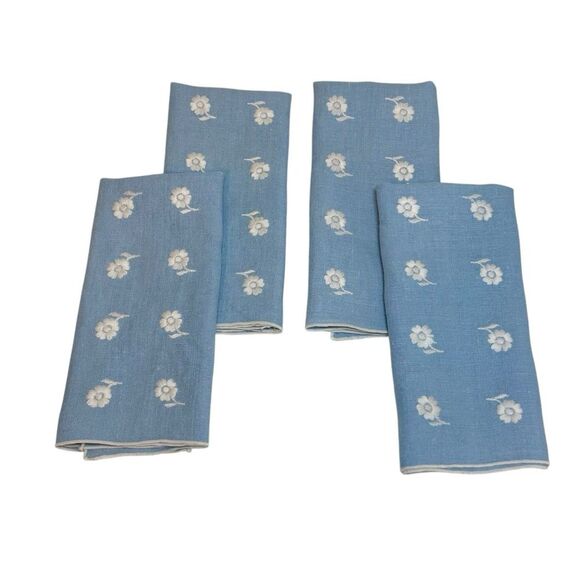 Vintage Springtime Blue Napkins White Embroidered Flowers Set of 4 - Picture 1 of 5